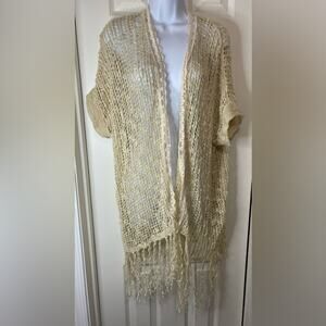 POL Beige Beachy Crochet Lace Open Front Cardigan Swim Cover Up Fringe Boho M